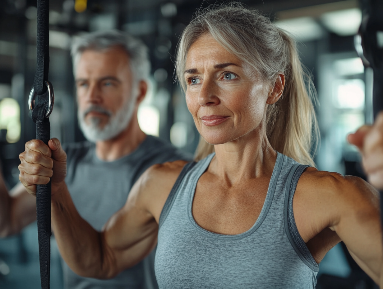 Щаслива жінка старшого віку займається фітнесом з персональним тренером